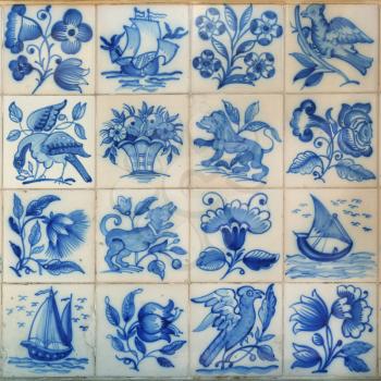 Photograph of 16 different traditional blue portuguese tiles from Lisbon in Portugal