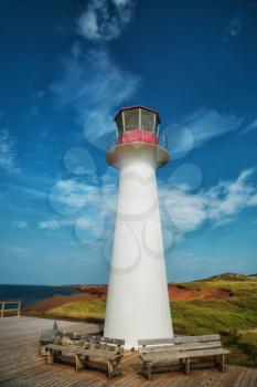 Cap aux meules Lighthouse also called Borgot lighthouse in Magdalen island in Quebec, Canada during summer season