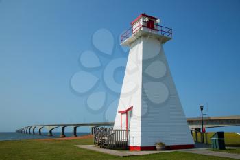 Port Borden Range Front Lighthouse with the confederation bridge in background in Prince Edward island in Canada