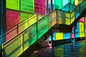 MONTREAL, CANADA - September 14, 2017: Colourful glass panels and stairs in Palais des congres de Montreal (Montreal Convention and Conference Centre)  Montreal, Canada