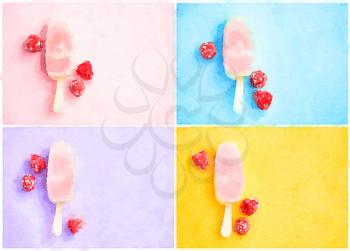 Digital watercolour of 4 popsicle on various colored background