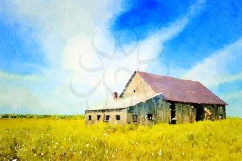 Digital watercolour of a barn in a yellow meadow with a blue sky