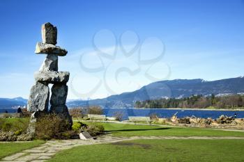 Inukuk at English Bay in Vancouver.  An inuksuk is a human-made stone landmark.