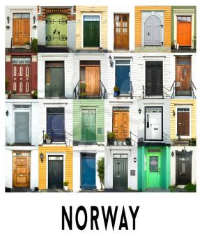 A collage of ancient doors from Bergen in Norway, presented in a white border with the city name Norway