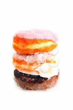 Digital watercolour of three donuts with cream on white background