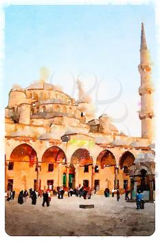 Digital watercolour of Sultan Ahmed Mosque or Blue Mosque in Istanbul 