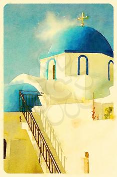 Digital watercolour of greek church in a blue sky