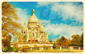 Digital watercolour of Sacre-coeur basilica in Montmartre, Paris in France
