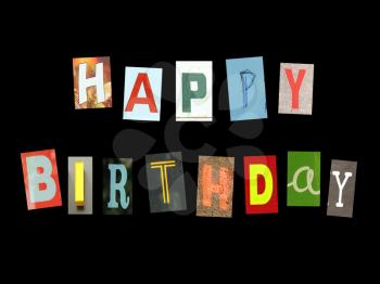 Happy birthday made of colorful newspaper letters cut out isolated on black background