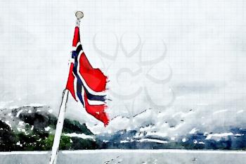 Digital watercolour of a red flag of Norway with the fjord in background