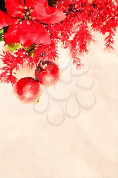 Digital watercolour of Christmas balls and red flowers
