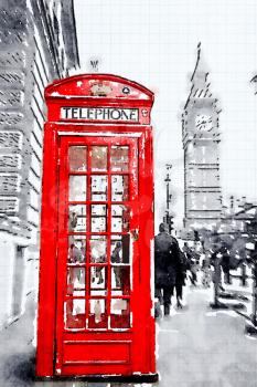 Digital watercolour of a red booth in London with Big Ben in Background