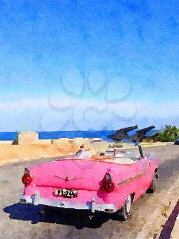 Digital watercolor of pink classic american old car in Havana in Cuba