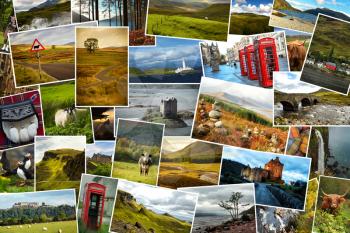 Collage of images from famous location in Scotland, UK on white background
