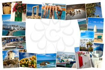 Collage of images from famous location in the cyclades, Greece with copy space