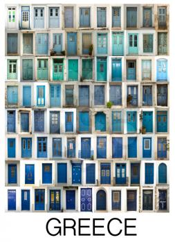 A collage of greek doors, classified by colors tonality and presented in a white border with the city name Greece.