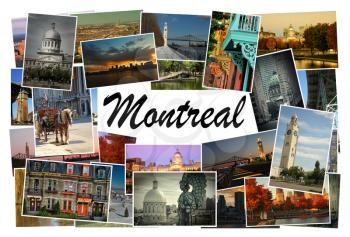 Collage of images from famous location in Montreal, Canada with copy space in the middle with the word Montreal on white background