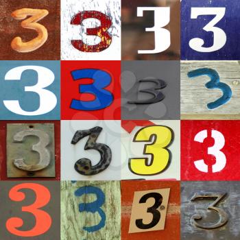 Numbers collection 3 in different colours and patterns as wood, paper and brick 