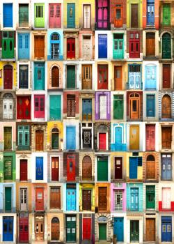 Collage with colorful doors from everywhere in vertical 