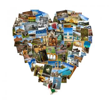 Heart shape made of a collage of travel pictures.  Landscape, animals and landmark from everywhere on white background