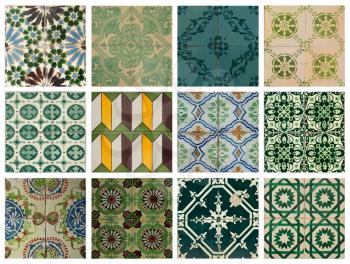 Collage of different green pattern tiles in Lisbon, Portugal