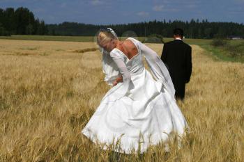 Royalty Free Photo of Newlyweds in a Field