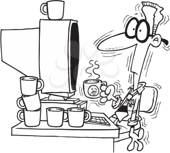 Royalty Free Clipart Image of a Man at a Computer Drinking Lots of Coffee