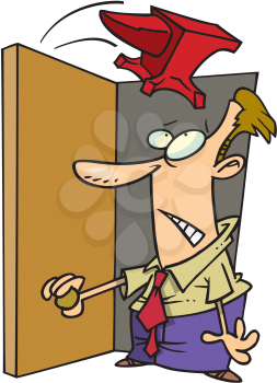 Royalty Free Clipart Image of a Man Opening a Door and an Anvil Falling on His head