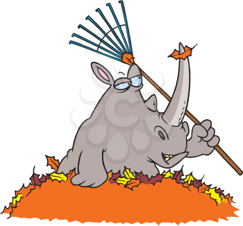 Royalty Free Clipart Image of a Rhinoceros Raking Leaves