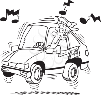 Royalty Free Clipart Image of a Man Listening to a Car Radio