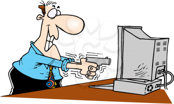 Royalty Free Clipart Image of a Man Pointing a Gun at a Computer