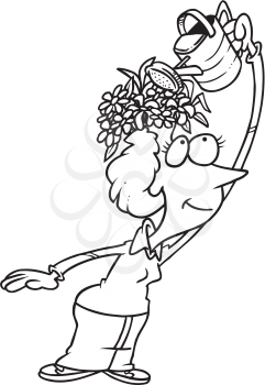 Royalty Free Clipart Image of a Woman Watering Flowers on Their Head