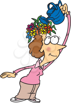 Royalty Free Clipart Image of a Woman Watering Flowers on Her Head