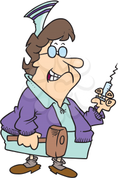 Royalty Free Clipart Image of a Nurse With a Needle and Mallet