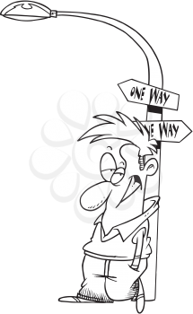 Royalty Free Clipart Image of a Man Leaning on a Lamppost