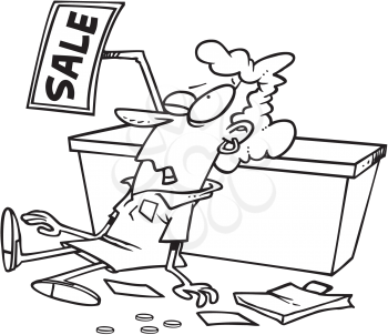 Royalty Free Clipart Image of a Woman Crashed at a Sale Table