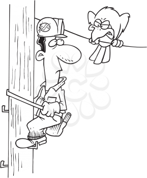 Royalty Free Clipart Image of a Lineman Looking at a Bird