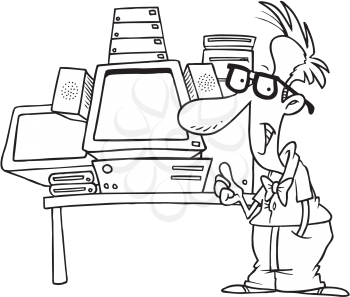 Royalty Free Clipart Image of a Man With a Lot of Computer Technology