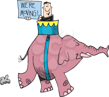 Royalty Free Clipart Image of a Man With a Sign Riding an Elephant