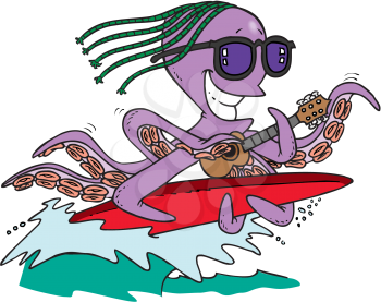 Royalty Free Clipart Image of an Octopus Playing a Ukelele on a Surfboard