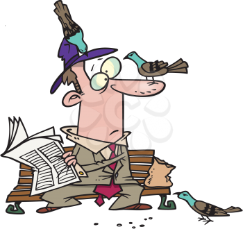 Royalty Free Clipart Image of a Man Reading a Paper With Pigeons Resting on Him