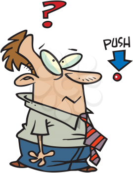 Royalty Free Clipart Image of a Man Looking at a Button With Push Above It