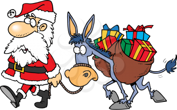 Royalty Free Clipart Image of Santa With a Donkey