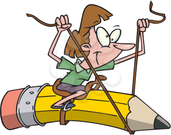 Royalty Free Clipart Image of a Woman Riding a Pencil
