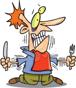 Royalty Free Clipart Image of a Crazy Man Holding a Knife and Fork