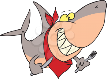 Royalty Free Clipart Image of a Shark With a Knife and Fork