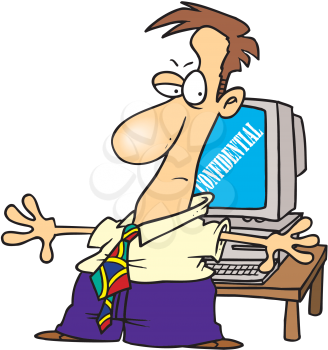 Royalty Free Clipart Image of a Man Hiding the Computer