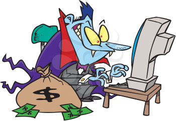 Royalty Free Clipart Image of a Vampire at a Computer With Bags of Money