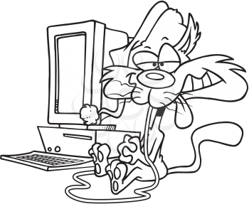 Royalty Free Clipart Image of a Cat Eating a Computer Mouse