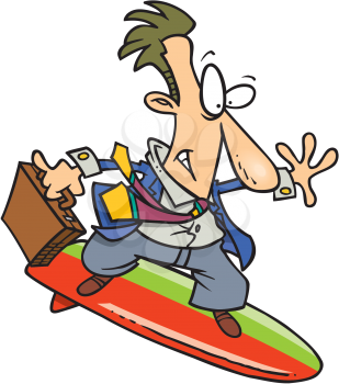 Royalty Free Clipart Image of a Businessman on a Surfboard